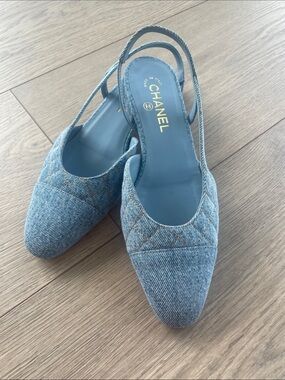 CHANEL Denim Quilted Slingback Flats in Light Blue
